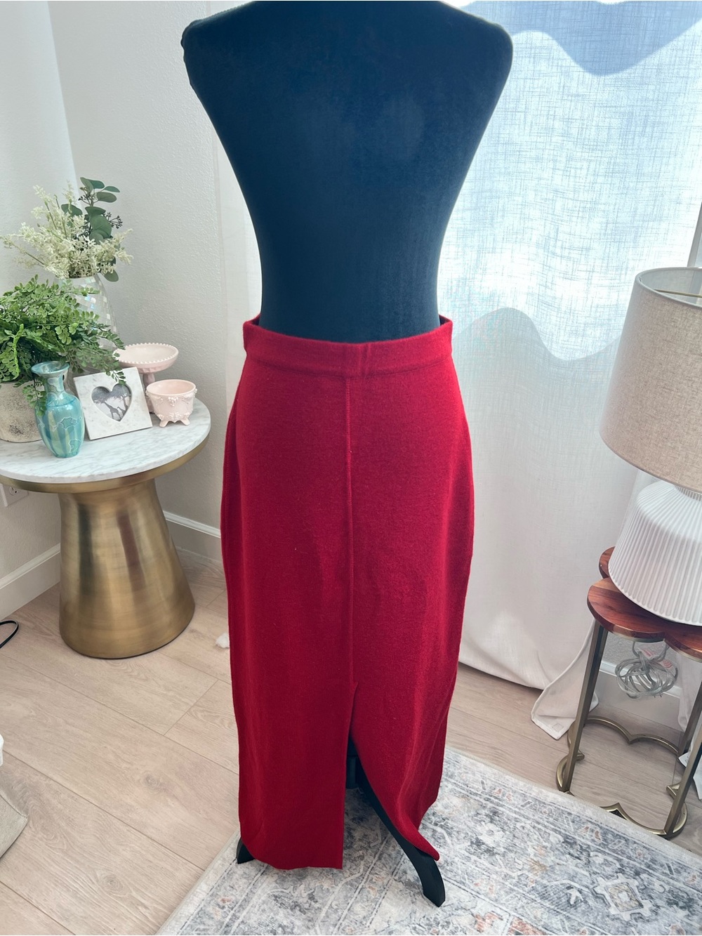 Women's Alpaca Wool Maxi Knit Skirt in Deep Red
